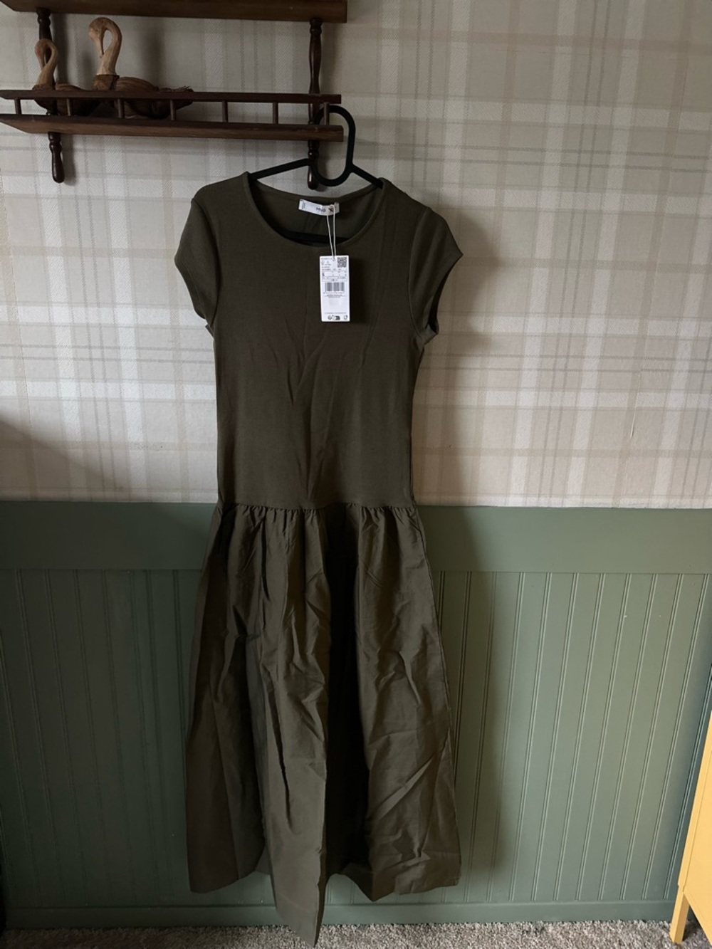Mango Olive Ribbed Short Sleeve Dress